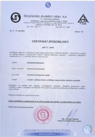 Predĺženie certifikácia - Odborné spôsobilosti personálu na montáž skrutkových spojov